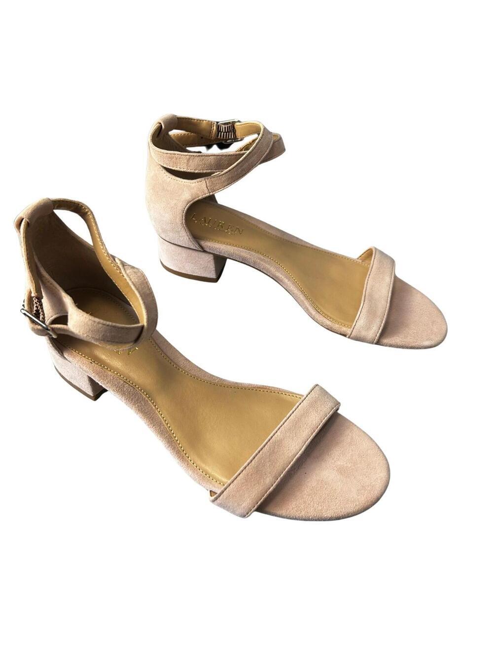 Lauren Ralph Lauren Soft Pink Suede Ankle Strap Block Heel Sandals